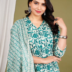 Green Cotton Printed Kurta Pant with Dupatta Set