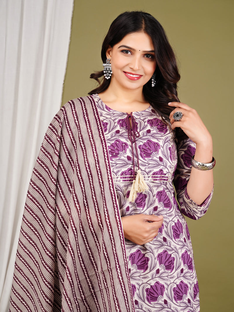 Purple Cotton Printed Kurta Pant with Dupatta Set