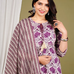 Purple Cotton Printed Kurta Pant with Dupatta Set