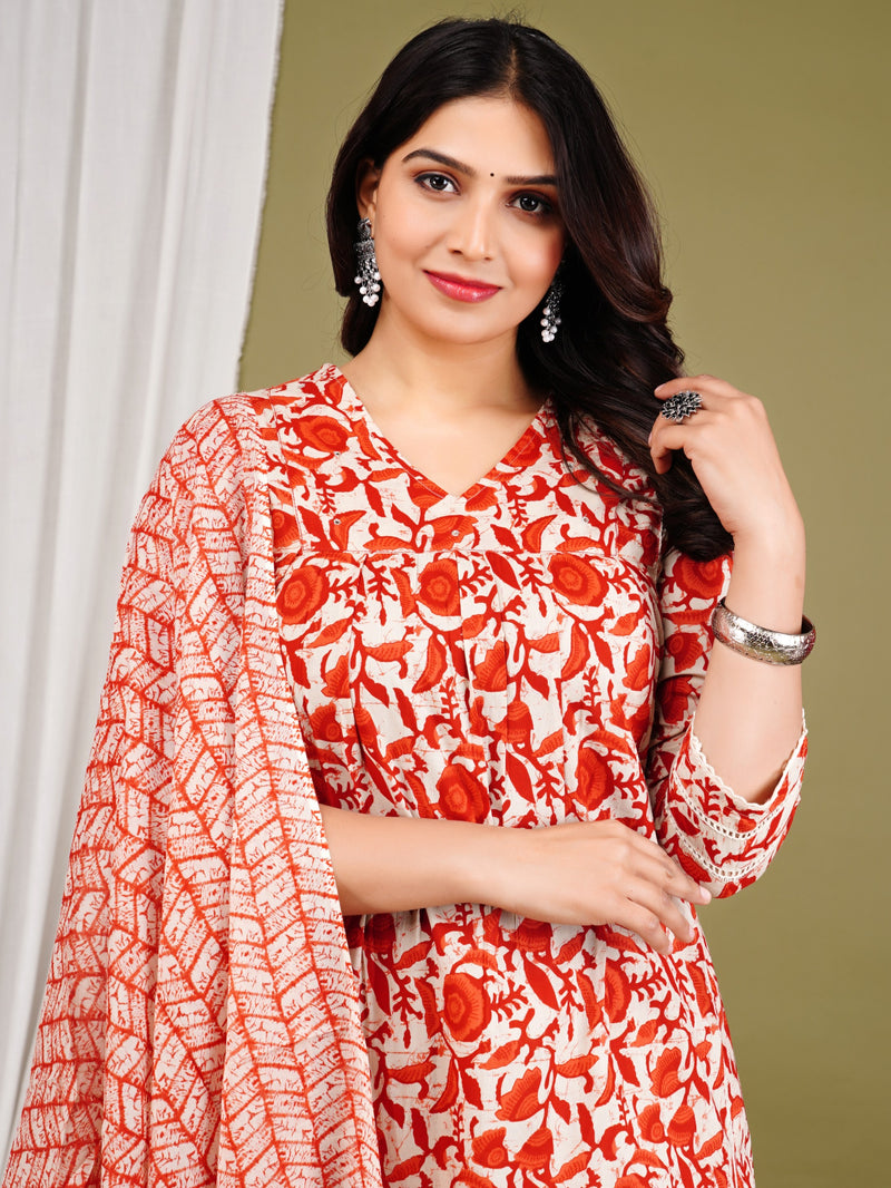 Orange Cotton Printed Kurta Pant with Dupatta Set