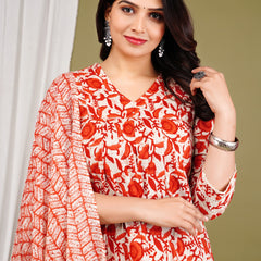 Orange Cotton Printed Kurta Pant with Dupatta Set