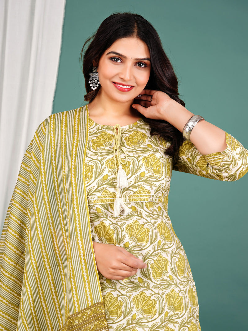 Green Cotton Printed Kurta Pant with Dupatta Set
