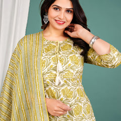 Green Cotton Printed Kurta Pant with Dupatta Set