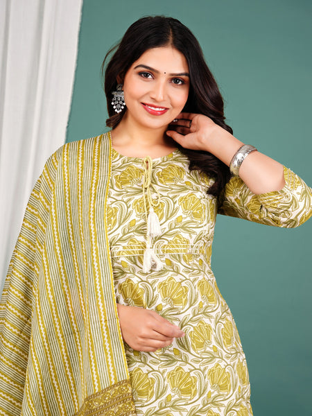 Green Cotton Printed Kurta Pant with Dupatta Set