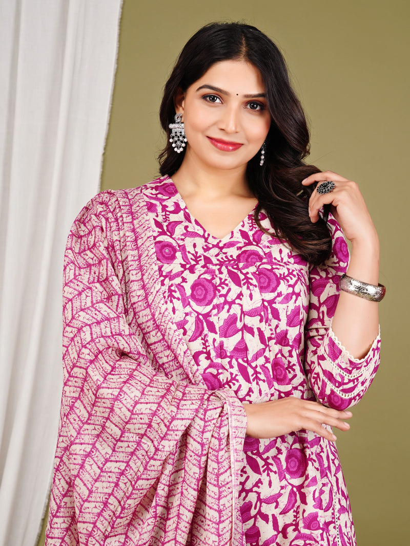 Purple Cotton Printed Kurta Pant with Dupatta Set