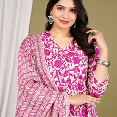 Purple Cotton Printed Kurta Pant with Dupatta Set