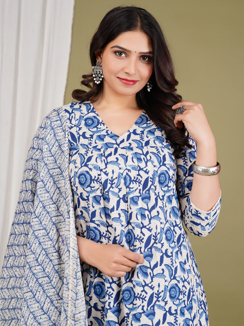 Blue Cotton Printed Kurta Pant with Dupatta Set