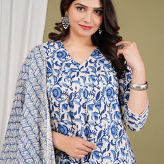 Blue Cotton Printed Kurta Pant with Dupatta Set