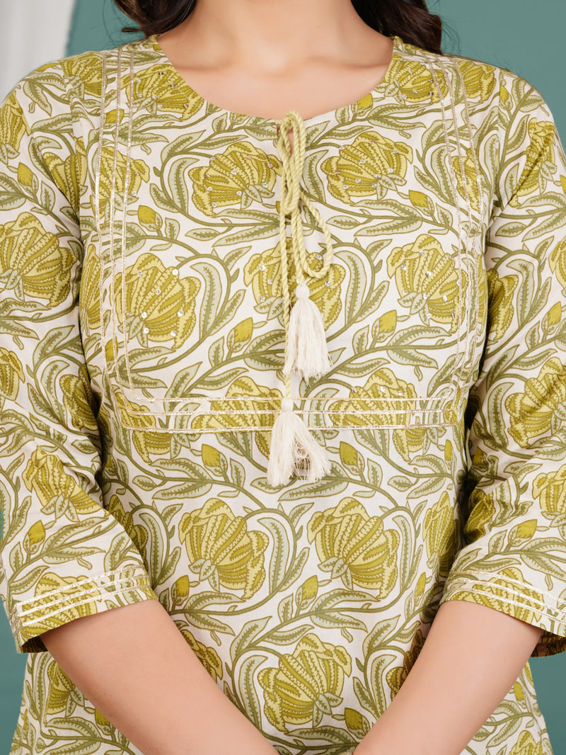 Green Cotton Printed Kurta Pant with Dupatta Set