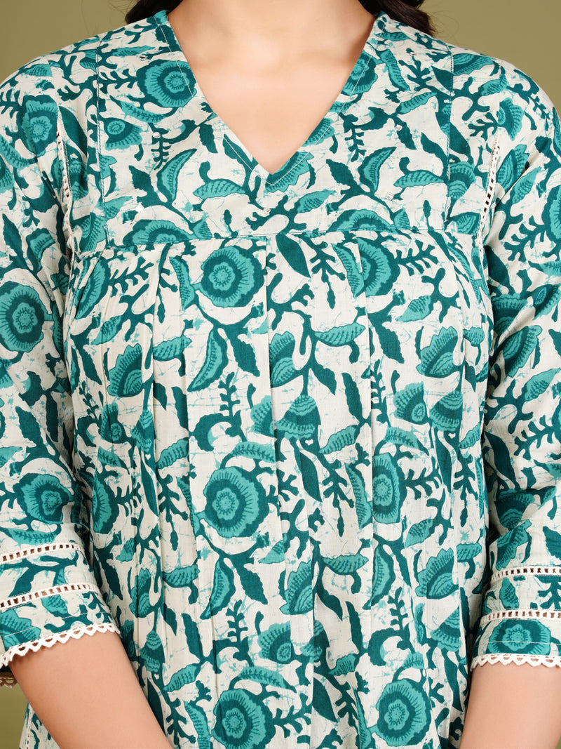 Green Cotton Printed Kurta Pant with Dupatta Set