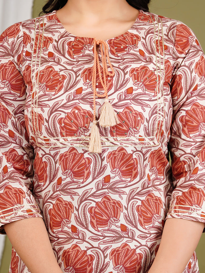 Peach Cotton Printed Kurta Pant with Dupatta Set