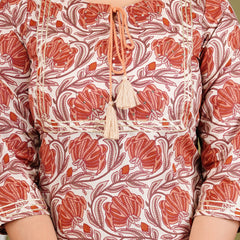 Peach Cotton Printed Kurta Pant with Dupatta Set