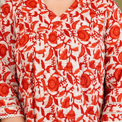 Orange Cotton Printed Kurta Pant with Dupatta Set