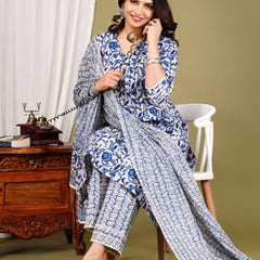 Blue Cotton Printed Kurta Pant with Dupatta Set