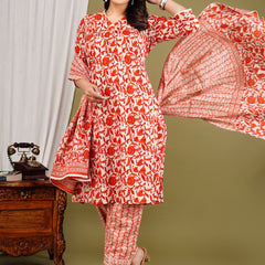 Orange Cotton Printed Kurta Pant with Dupatta Set