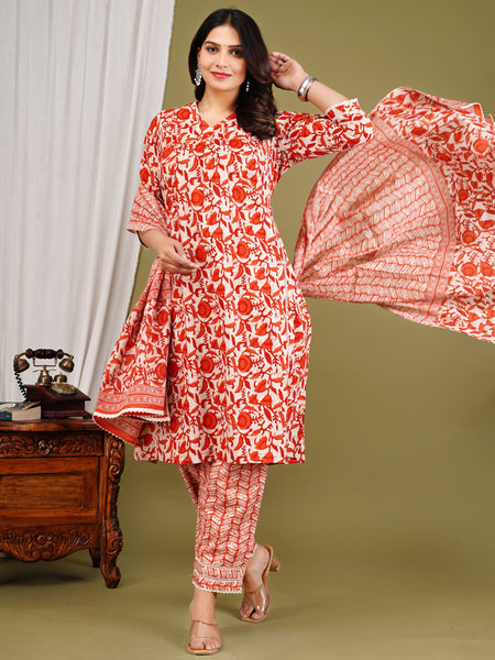 Orange Cotton Printed Kurta Pant with Dupatta Set
