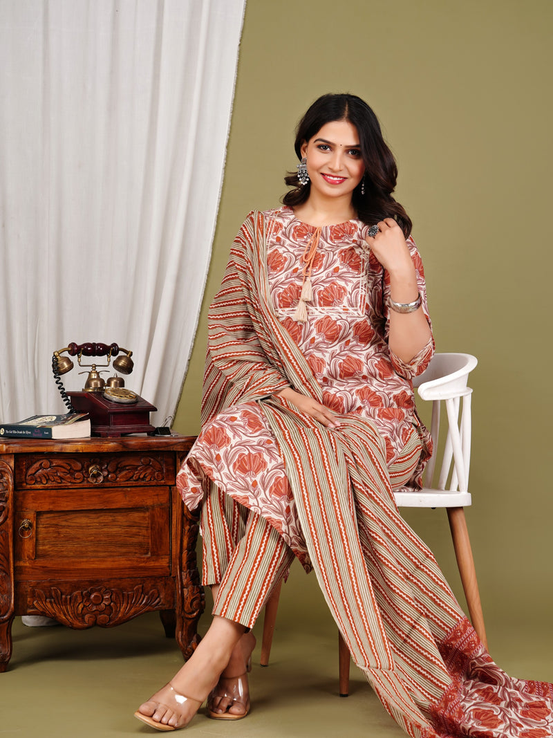 Peach Cotton Printed Kurta Pant with Dupatta Set