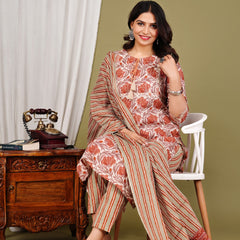 Peach Cotton Printed Kurta Pant with Dupatta Set