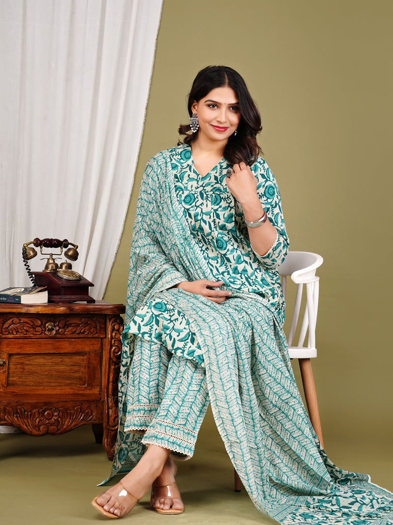 Green Cotton Printed Kurta Pant with Dupatta Set