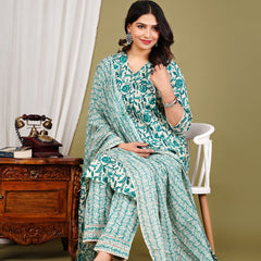 Green Cotton Printed Kurta Pant with Dupatta Set