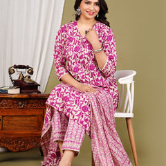 Purple Cotton Printed Kurta Pant with Dupatta Set