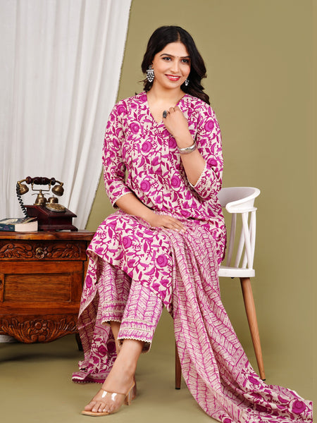 Purple Cotton Printed Kurta Pant with Dupatta Set
