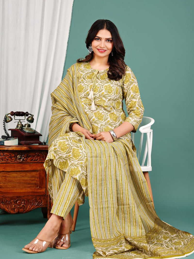 Green Cotton Printed Kurta Pant with Dupatta Set