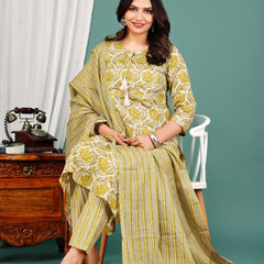 Green Cotton Printed Kurta Pant with Dupatta Set