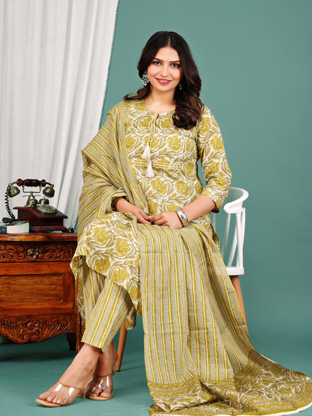Green Cotton Printed Kurta Pant with Dupatta Set