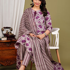 Purple Cotton Printed Kurta Pant with Dupatta Set