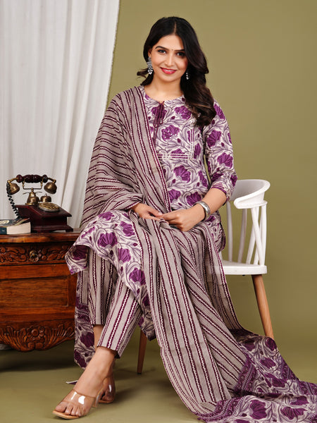 Purple Cotton Printed Kurta Pant with Dupatta Set