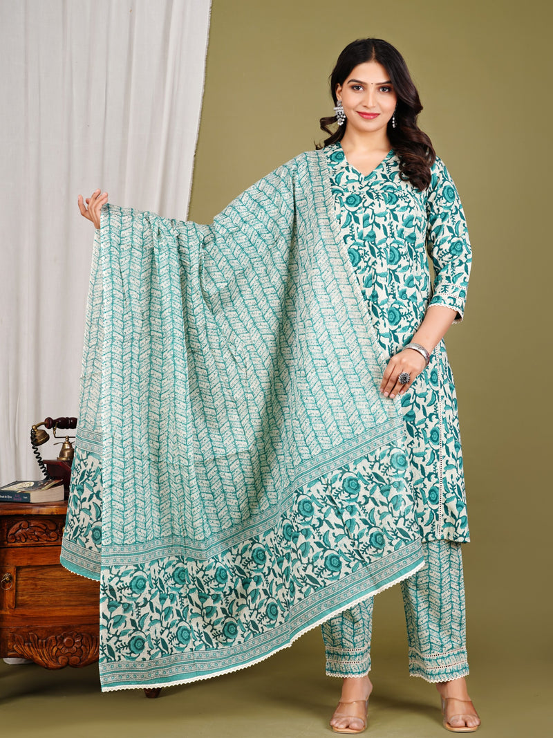 Green Cotton Printed Kurta Pant with Dupatta Set