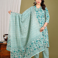 Green Cotton Printed Kurta Pant with Dupatta Set