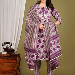 Purple Cotton Printed Kurta Pant with Dupatta Set