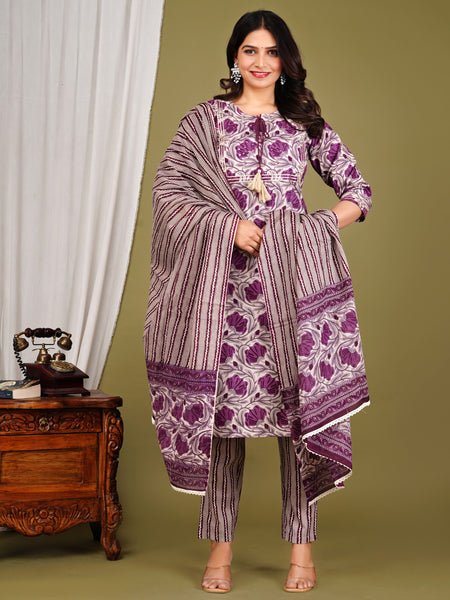 Purple Cotton Printed Kurta Pant with Dupatta Set