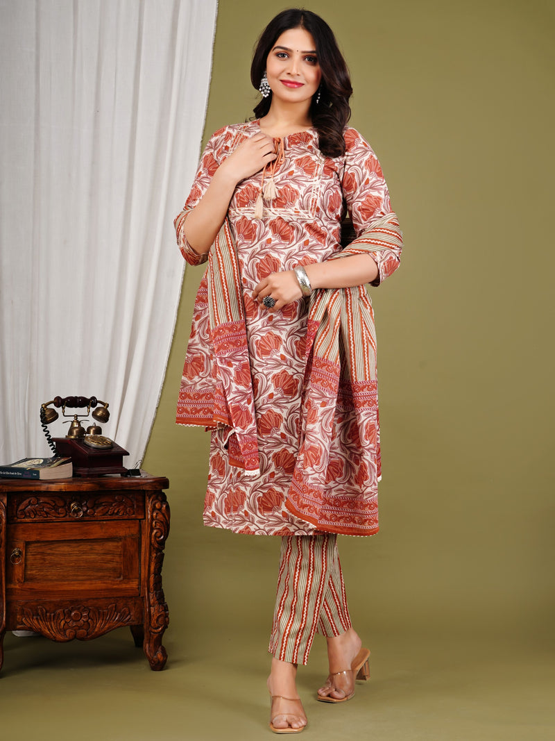 Peach Cotton Printed Kurta Pant with Dupatta Set