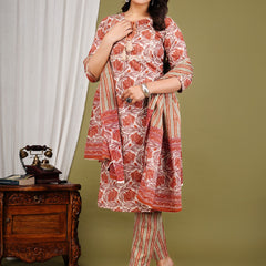 Peach Cotton Printed Kurta Pant with Dupatta Set