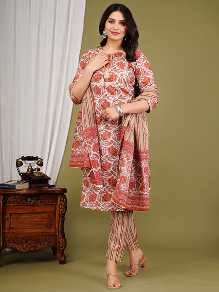 Peach Cotton Printed Kurta Pant with Dupatta Set