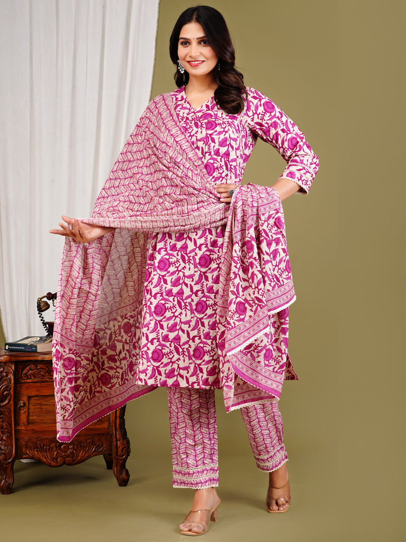 Purple Cotton Printed Kurta Pant with Dupatta Set