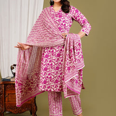 Purple Cotton Printed Kurta Pant with Dupatta Set