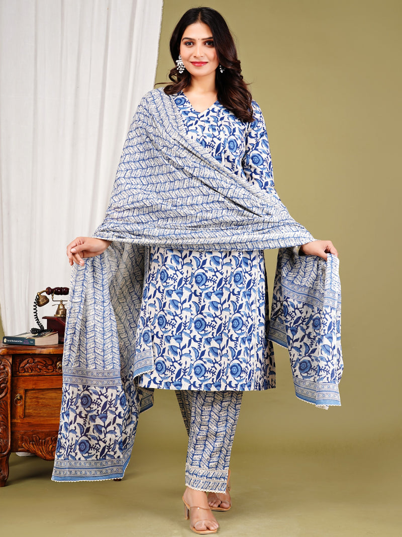 Blue Cotton Printed Kurta Pant with Dupatta Set