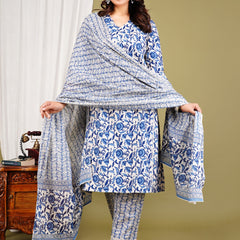 Blue Cotton Printed Kurta Pant with Dupatta Set