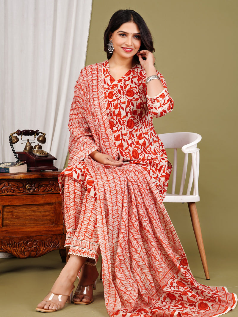 Orange Cotton Printed Kurta Pant with Dupatta Set