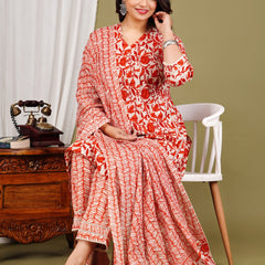 Orange Cotton Printed Kurta Pant with Dupatta Set