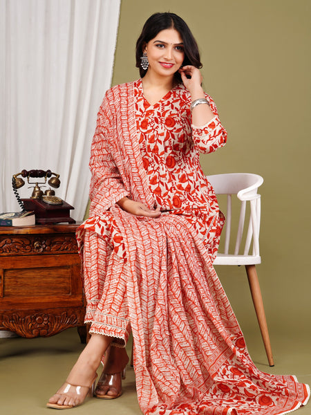 Orange Cotton Printed Kurta Pant with Dupatta Set