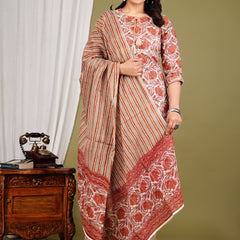 Peach Cotton Printed Kurta Pant with Dupatta Set