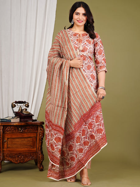 Peach Cotton Printed Kurta Pant with Dupatta Set