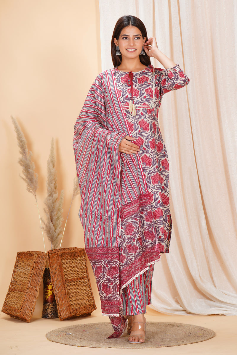 Soft pure cotton printed set with comfy elastic pants, perfect for daily wear and all-day comfort.