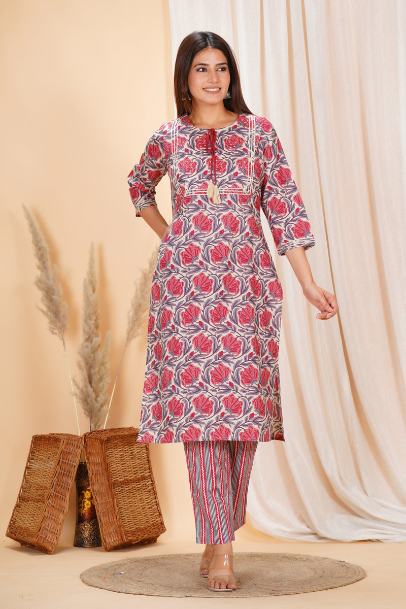 Soft pure cotton printed set with comfy elastic pants, perfect for daily wear and all-day comfort.