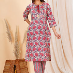 Soft pure cotton printed set with comfy elastic pants, perfect for daily wear and all-day comfort.